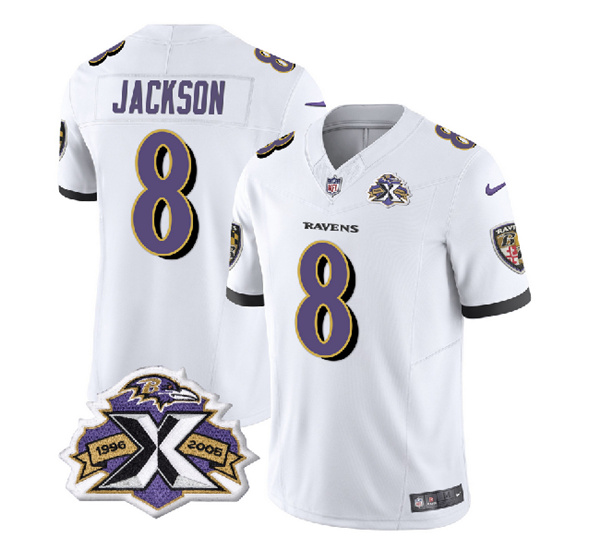 Men's Baltimore Ravens #8 Lamar Jackson White 2023 F.U.S.E With Patch Throwback Vapor Limited Stitched Jersey
